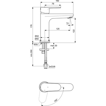 Bateria umywalkowa 50x162x176 mm, wylewka 125 mm 3.8 l/min (3 bary), bez korka spustowego - CERAFINE MODEL O