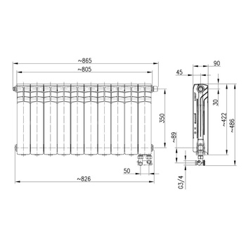 Grzejnik żeberkowy KFA Armatura G350F/D/10 aluminium, podłączenie dolne, prawe, kątowe 422 x 805 mm, kolor biały (RAL 9010)