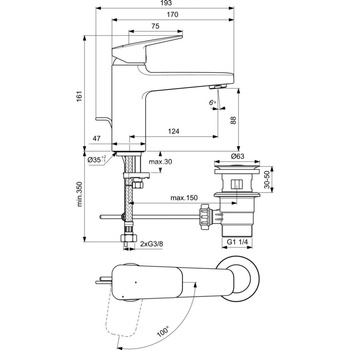 Bateria umywalkowa 47x184x162 mm, wylewka 124 mm 3.8 l/min (3 bary), z korkiem spustowym - CERAPLAN