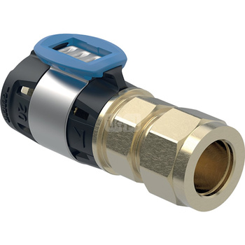 Złączka przejściowa GEBERIT FlowFit, brąz krzemowy bezołowiowy, 20 mm x 18 mm (śrubunek zaciskowy x łącznik zaprasowywany)