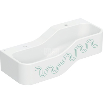 Umywalka GEBERIT Bambini 2-stanowiskowa prostokątna (rynna, elementy dekoracyjne: zielony / jasnozielony), biała, 900mm, otwór na baterię na środku (x2), bez odpływu przelewowego, półka od ściany