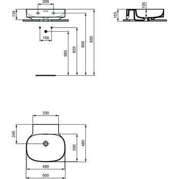 Umywalka 500x480x135 mm Spód szlifowany, bez otworu na baterię, z przelewem - LINDA-X