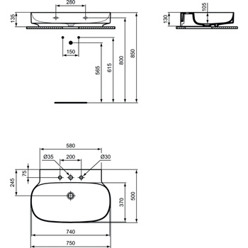 Umywalka 750x500x135 mm Spód szlifowany, 3 otwory na baterię, bez przelewu - LINDA-X