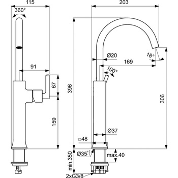 Bateria umywalkowa 115x203x396 mm, wylewka 169 mm 5 l/min (3 bary), bez korka spustowego - JOY NEO