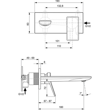 Bateria umywalkowa ścienna 193x113,5 mm, wylewka 180 mm, wymagany zestaw 1 (A1313) 5 l/min (3 bary), bez korka spustowego - CONCA