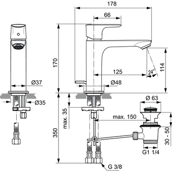 Bateria umywalkowa 48x178x170 mm, wylewka 125 mm 5 l/min (3 bary), z korkiem spustowym - CONNECT AIR