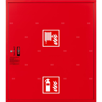 Hydrant DN 33 zawieszany z miejscem na gaśnice pod zwijadłem, wąż 30 m, ocynk fasada, zamek patent RAL 3000