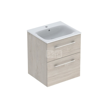 Zestaw umywalki meblowej Geberit Selnova Square, slim rim, z szafką pod umywalkę, z dwoma szufladami: B1=53.8cm, T=50.2cm, Otwór na baterię=Na środku, Przelew=Widoczny, Orzech włoski hickory jasny