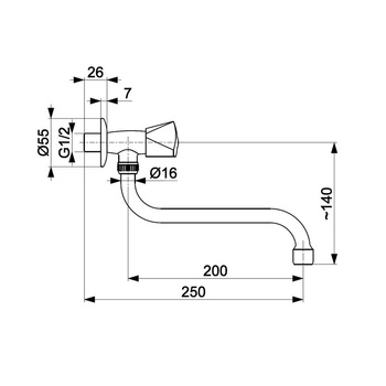 Zawór wypływowy zlewozmywak. ścienny z wyl. dolną L=200 mm