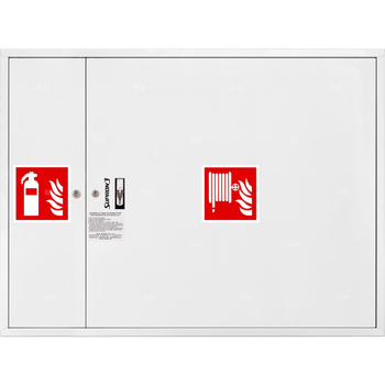 Hydrant DN 33 zawieszany z miejscem na gaśnicę obok zwijadła, wąż 30 m, ocynk fasada, zamek patent, RAL 9003