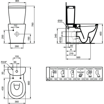 Miska WC stojąca IDEAL STANDARD CONNECT porcelana szklista biała, odpływ mocowane ściśle przylegające do ściany bez kołnierza wewnętrznego