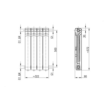 Grzejnik żeberkowy KFA Armatura G500F/4 aluminium, podłączenie boczne 572 x 322 mm, kolor biały (RAL 9010)