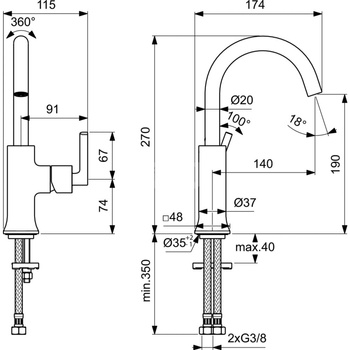 Bateria umywalkowa 115x174x270 mm, wylewka 140 mm 5 l/min (3 bary), bez korka spustowego - JOY NEO