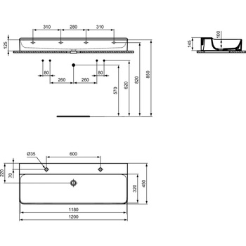 Umywalka 1200x450x145 mm Spód szlifowany, 2 otwory na baterię, bez przelewu - CONCA