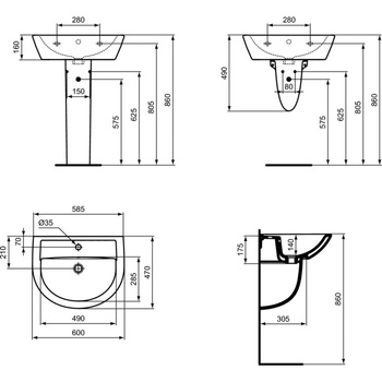 Umywalka 600x470x175 mm, 1 otwór na baterię, z przelewem - EUROVIT