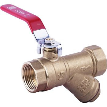 Zawór kulowy PERFEXIM KX06 mosiądz niklowany, PN10 1'' GW z filtrem skośnym, uchwyt: dźwignia