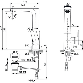 Bateria umywalkowa 95x177,5x247 mm, wylewka 140 mm 5 l/min (3 bary), z korkiem spustowym - CONNECT AIR