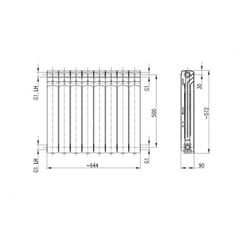 Grzejnik żeberkowy KFA Armatura G500F/8 aluminium, podłączenie boczne 572 x 644 mm, kolor biały (RAL 9010)