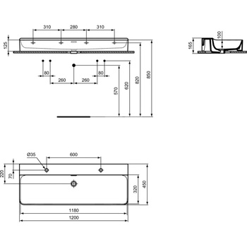 Umywalka 1200x450x145 mm Spód szlifowany, 2 otwory na baterię, z przelewem - CONCA