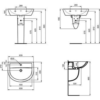 Umywalka 650x495x180 mm, 1 otwór na baterię, z przelewem - EUROVIT