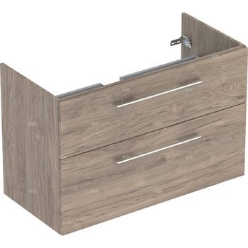 Szafka pod umywalkę meblową Geberit Selnova Square, slim, z dwoma szufladami: B=98.8cm, Szerokość umywalki=100cm, H=63.5cm, T=50.2cm, Orzech włoski hickory / Melamina, struktura drewna
