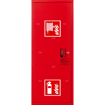 Hydrant DN 33 zawieszany boczny z miejscem na gaśnicę, wąż 20 m, ocynk fasada, zamek patent, RAL 3000 lewy