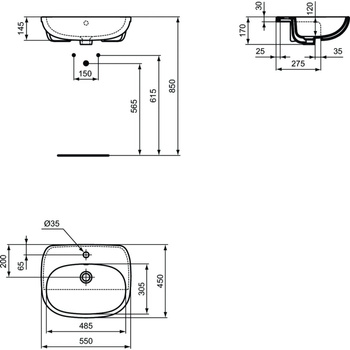 Umywalka półblatowa 550x450x170 mm, 1 otwór na baterię, z przelewem - TESI