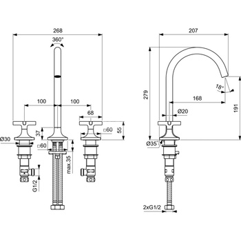 Bateria umywalkowa z podwójną regulacją 268x207x279 mm, wylewka 168 mm 5 l/min (3 bary), bez korka spustowego - JOY NEO