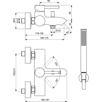 Zestaw baterii wannowo-prysznicowej 103 mm, wylewka 168 mm 20.0 l/min (3 bar) - CERALINE