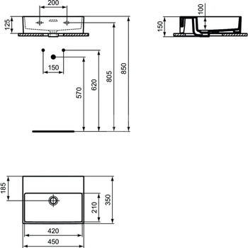 Umywalka do rąk 450x350x150 mm, bez otworu na baterię, z przelewem - EXTRA