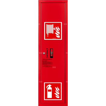 Hydrant DN 52 zawieszany boczny ze zwijadłem, z miejscem na gaśnicę, wąż 15 m, zamek patent, RAL 3000 lewy