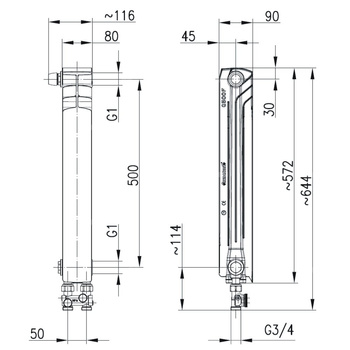 Grzejnik żeberkowy KFA Armatura G500F/D/1 aluminium, podłączenie dolne, lewe, proste 572 x 80 mm, kolor biały (RAL 9016)