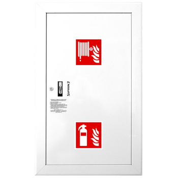 Hydrant DN 52 wnękowy z koszem, 850x500x200 mm, z miejscem na gaśnicę, wąż 2x20 m, zamek patent, RAL 9003