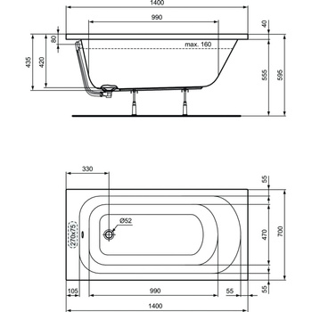 Wanna zwykła 1400x700x435 mm, bez otworu na baterię, z przelewem, bez korka spustowego - SIMPLICITY