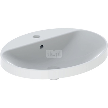 Umywalka GEBERIT Variform eliptyczna, biała, 600mm, otwór na baterię na środku, wpuszczana w blat, z odpływem przelewowym, półka od ściany