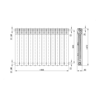 Grzejnik żeberkowy KFA Armatura G600F/12 aluminium, podłączenie boczne 672 x 966 mm, kolor biały