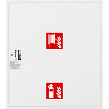 Hydrant DN 33 zawieszany z miejscem na gaśnicę pod zwijadłem, wąż 20 m, ocynk fasada, zamek patent, RAL 9003