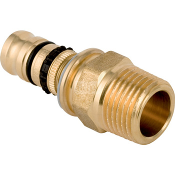 Złączka GEBERIT Mepla, mosiądz / mosiądz, 3/4'' x 26 mm (GZ gazowy stożkowy x końcówka wciskowa) z uszczelką