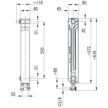 Grzejnik żeberkowy KFA Armatura G500F/D/1 aluminium, podłączenie dolne, lewe, kątowe 572 x 80 mm, kolor biały (RAL 9016)