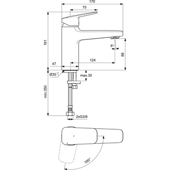 Bateria umywalkowa 47x170x161 mm, wylewka 124 mm 5 l/min (3 bary), bez korka spustowego - CERAPLAN