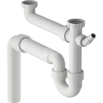 Syfon rurowy Geberit do dwóch zlewozmywaków, z łącznikiem kątowym wężyka, wylot pionowy: d=50mm, G=1 1/2″, Biały-alpin