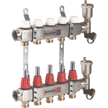 Rozdzielacz do ogrzewania podłogowego GEBERIT Volex 4-obieg. stal nierdzewna GW 1'' x eurokonus 3/4'' + przepływomierz + zawór napełn/spust + odpowietrznik