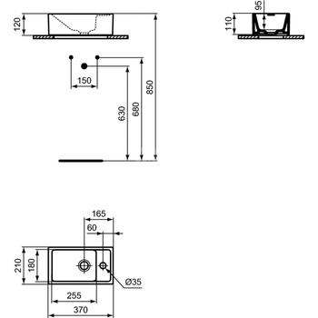 Umywalka do rąk 370x210x120 mm, 1 otwór na baterię, bez przelewu - I.LIFE S