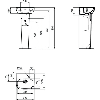 Umywalka do rąk 350x300x150 mm, 1 otwór na baterię, z przelewem - I.LIFE A