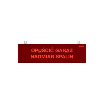 tablica ostrzegawcza "OPUŚCIĆ GARAŻ NADMIAR SPALIN", podświetlenie czerwone LED, wbudowana cicha syrenka, zasilanie 12/24V