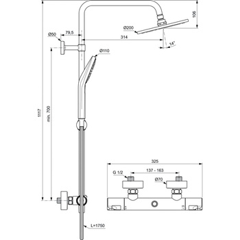 System prysznicowy natynkowy 325x493,5x1117 mm 12.0 l/min (3 bary) - CERATHERM T50