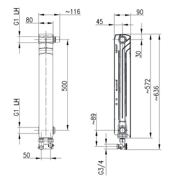 Grzejnik żeberkowy KFA Armatura G500F/D/1 aluminium, podłączenie dolne, prawe, kątowe 572 x 80 mm, kolor biały (RAL 9016)