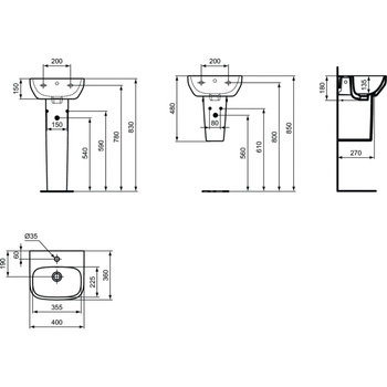 Umywalka do rąk 400x360x180 mm, 1 otwór na baterię, z przelewem - I.LIFE A