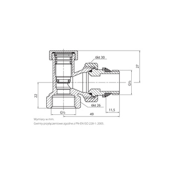 PHA-033A G1/2 WZ PN10 DN15 Zawór grzejnikowy odcinający K gwint samouszczelniający CuZn-C PN-M-75002