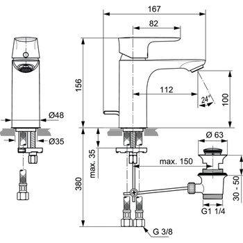 Bateria umywalkowa 48x167x156 mm, wylewka 112 mm 5 l/min (3 bary), z korkiem spustowym - CONNECT AIR